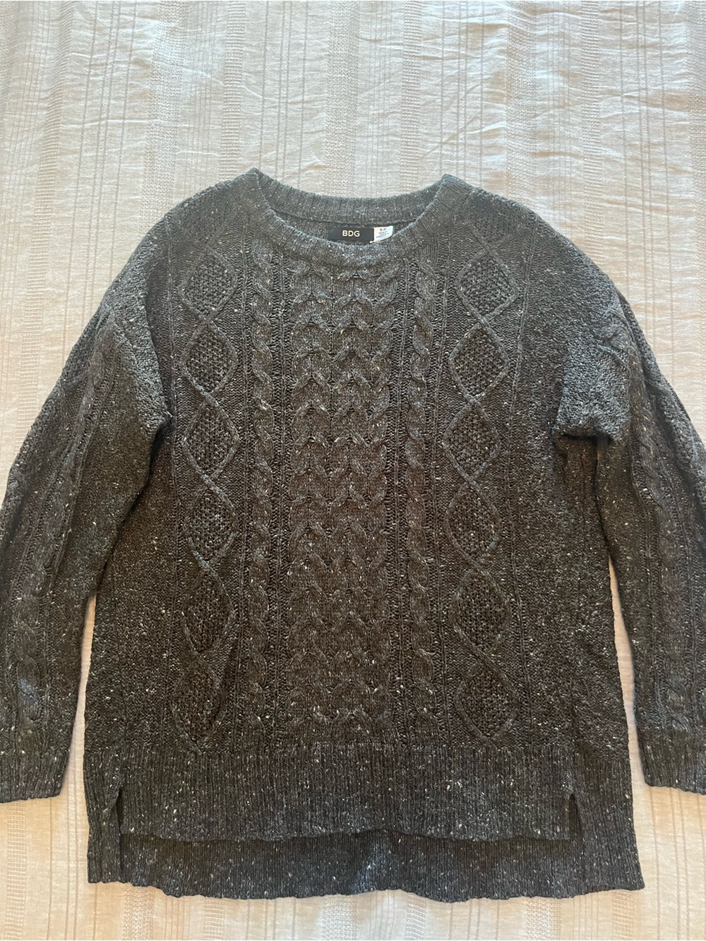 BDG Women’s Oversized Charcoal Speckled Cable Knit Crewneck Sweater